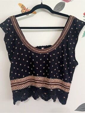 Free People Black Crop Top with Crotchet Hem and Bronze Embroidery M
